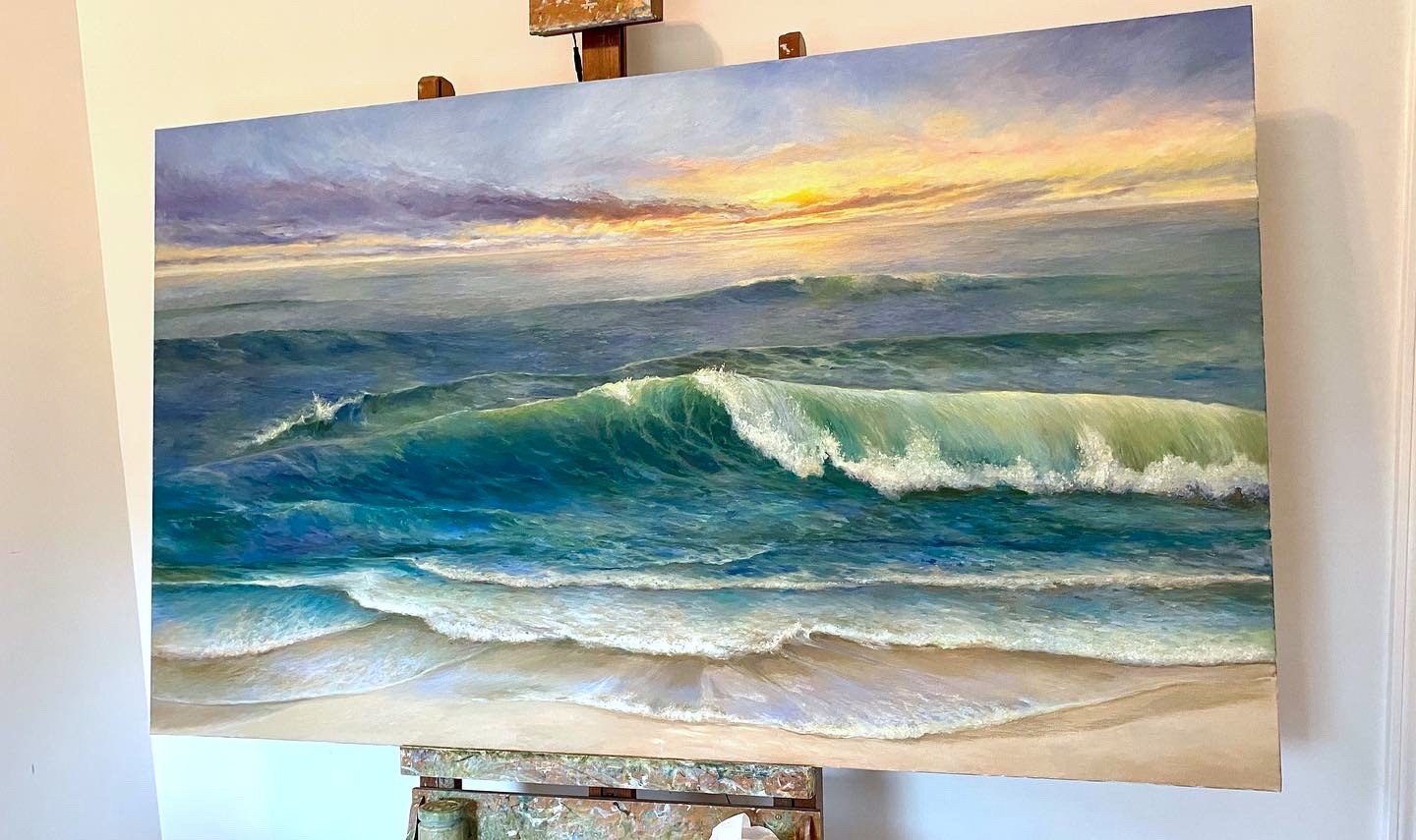 Carolina Surf painting by Lisa Strazza on easel