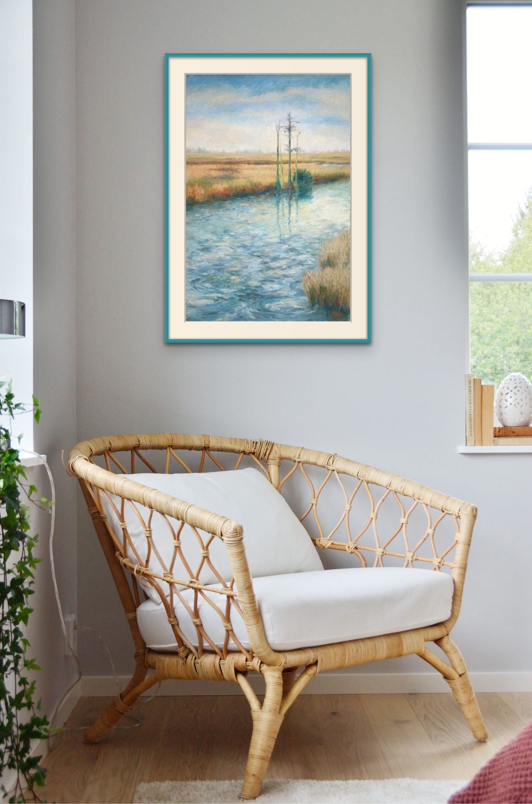 Whirling Waters - Painting by Lisa Strazza - displayed in a casual sitting area.